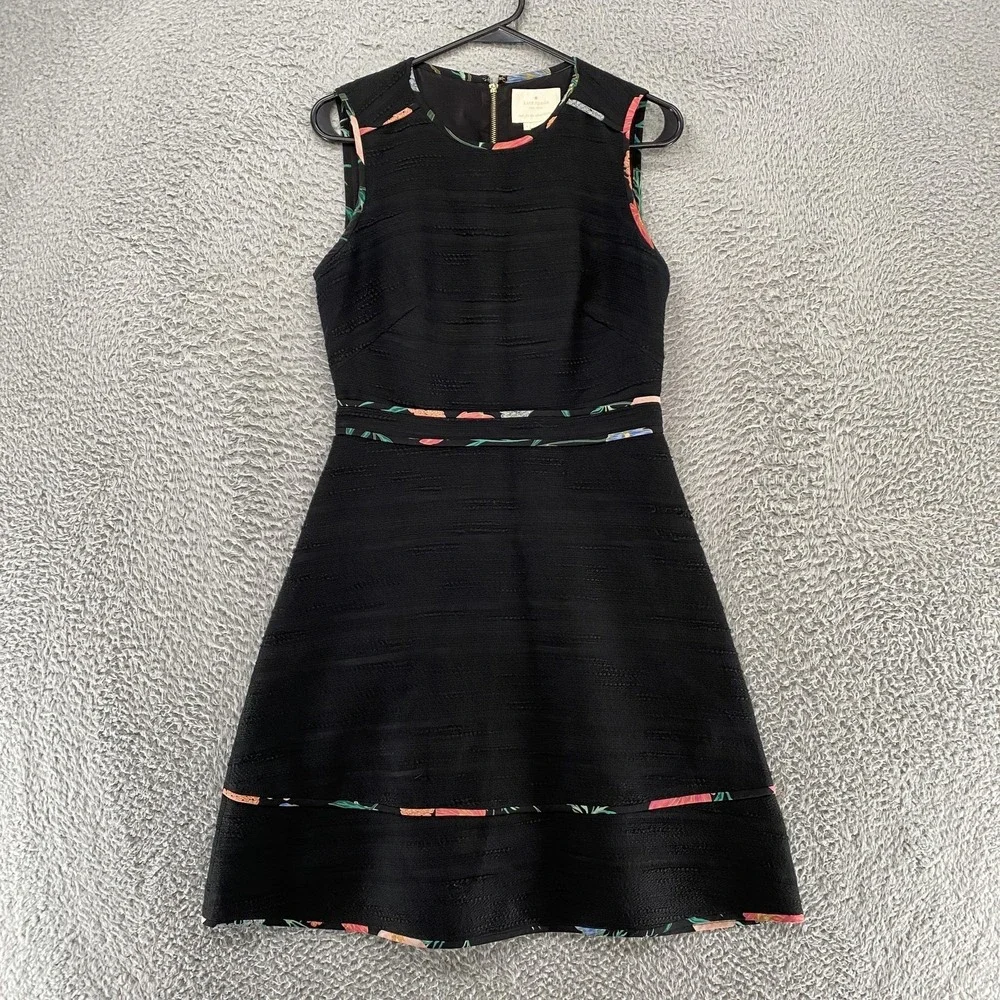 Kate Spade New York Tweed Dress Womens 4 Black Fit Flare‎ Floral Blossom Trim